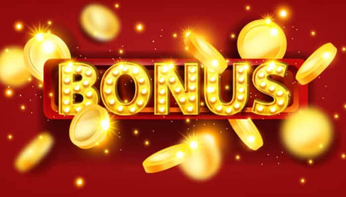 Tanda bonus emas dengan lampu bercahaya dan syiling terbang, melambangkan ganjaran promosi di kasino kredit percuma mrcoin88.